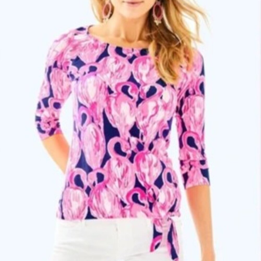 Lilly Pulitzer Pink & Navy Waverly Flamingo Print 3/4 sleeve Top Size Large